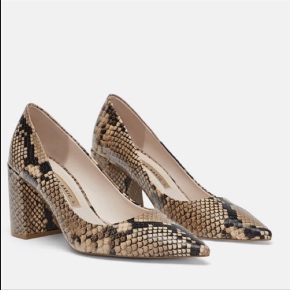 Zara Snake-print Block Heel Pumps